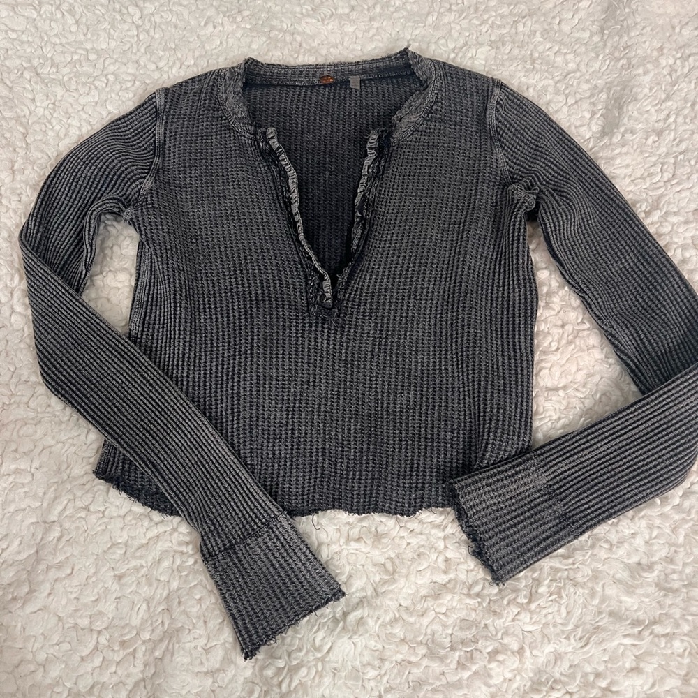 Free People Heather Black/Gray Ribbed Long Sleeve  Thermal Top